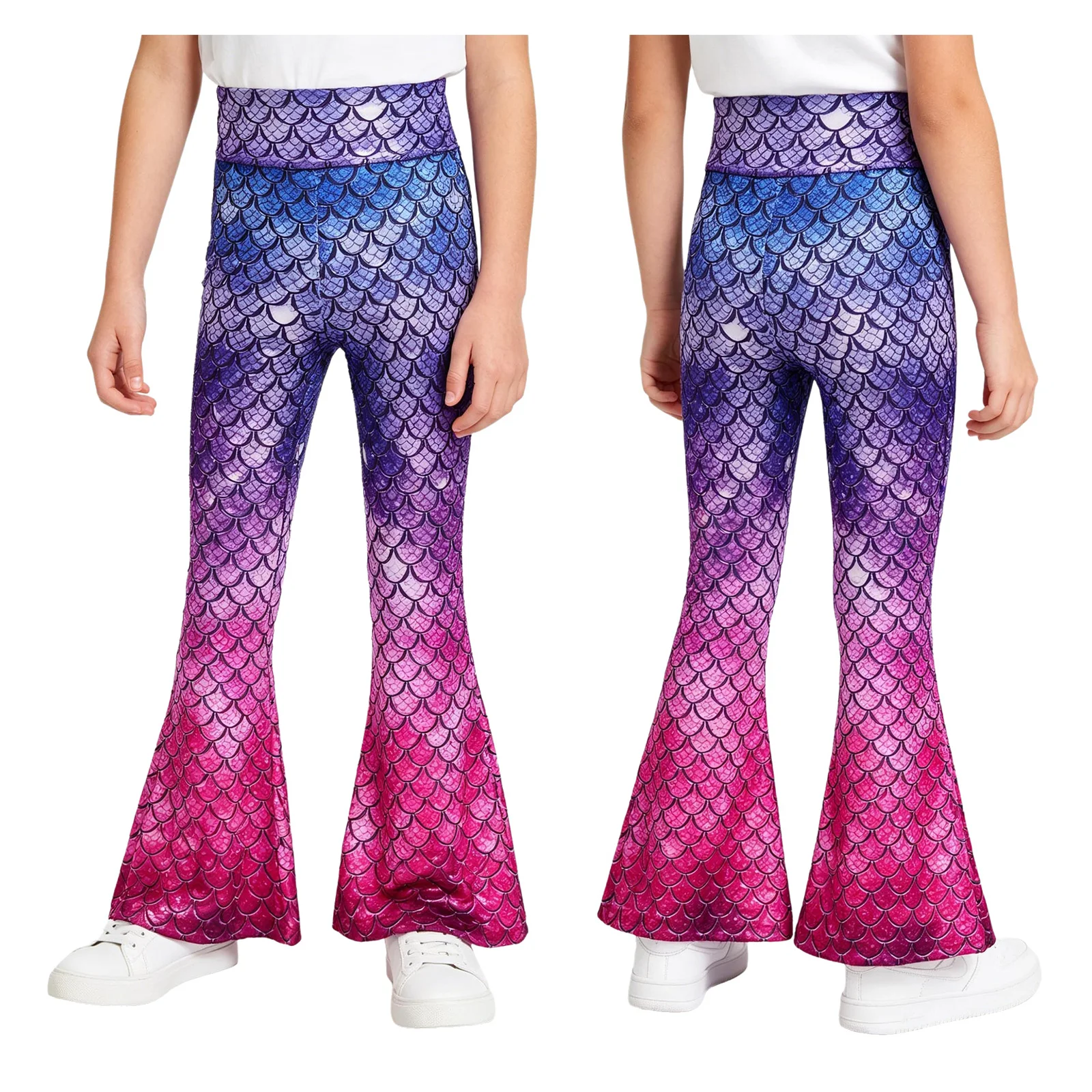 Children Girls Fish Scale Print Flared Pants Dance Yoga Sports Daily Trousers Halloween Theme Party Mermaid Dress Up Costume