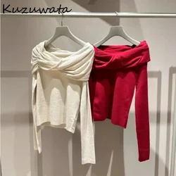 Kuzuwata Harajuku Sweet Bow Slash Neck Long Sleeve Jumper Off Shoulder Tie Kink Solid Pullover Japan Slim All-match Knit New Top