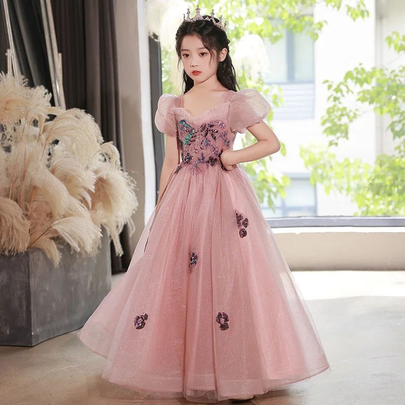 Flower Girls Dress New Fashion Children's Tull Sequin Piano Performance Dresses Cute Girls' A-line Princess Birthday Gown