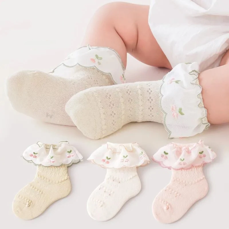 

Кружевные носки с рюшами для девочек, летние сетчатые носки-гольфы с цветочным узором, тонкие дышащие детские короткие носки от комаров, обувь для девочек 0-3 лет