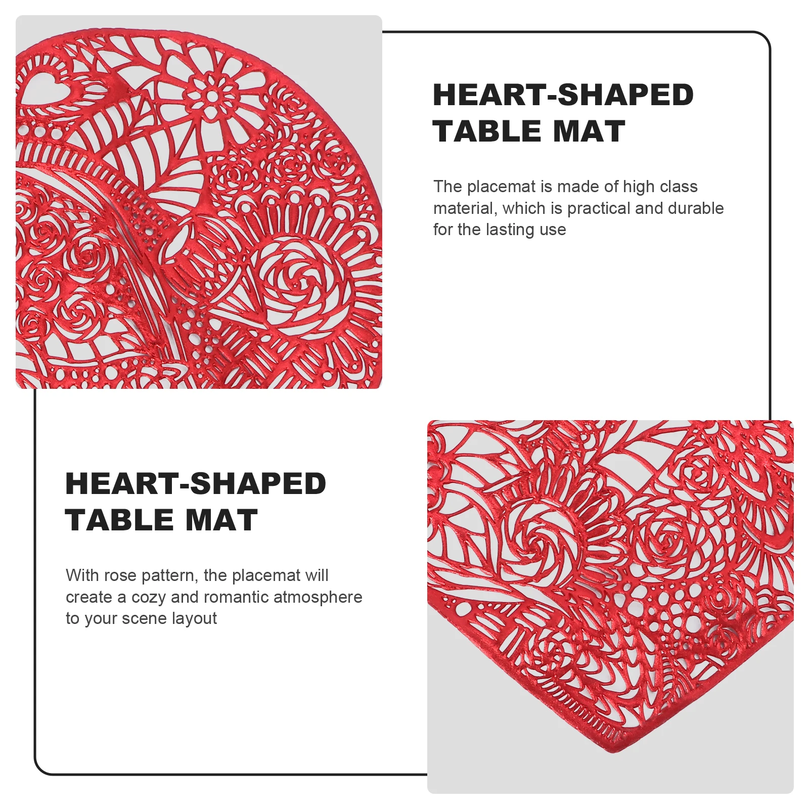 

2pcs Rose Pattern Heart Shaped Placemat Pvc Table Mat Decorative Dish Mat For Home Restaurant Household Tabletop Pad