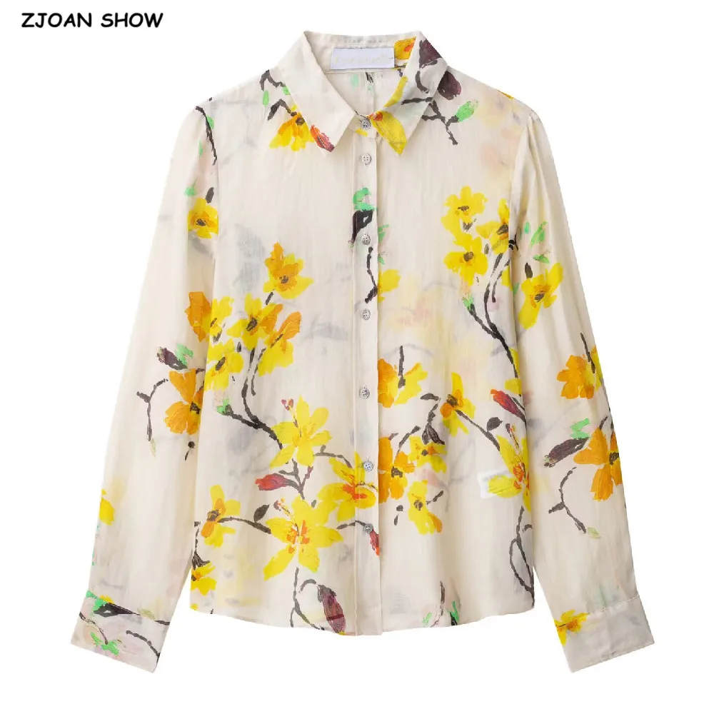 

2025 CHIC Lapel Apricot Floral Print Perspective Linen Shirt Women Single-Breasted Buttons Long Sleeve Blouses OL Tops