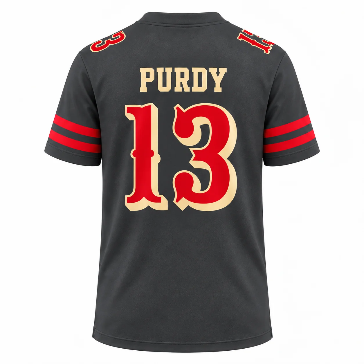 Herren # 13 Purdy Football-Trikot, schwarz, V-Ausschnitt, kurze Ärmel, Rugby-Uniform, rot-goldener Zahlenaufdruck, Sport-Fan-Shirt für den Spieltag – Detail 4