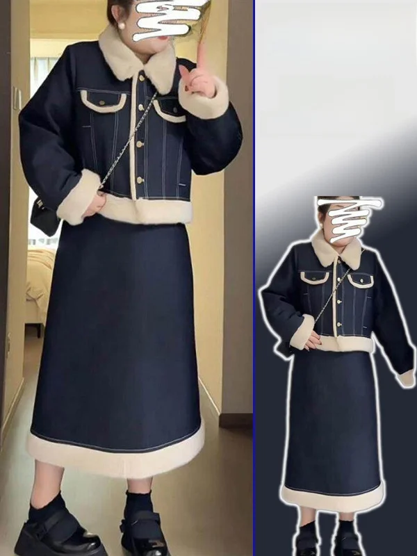 

plus Size Winter Faionable Soft Sle Blue Denim Jaet And Skirt Set Women High Waist Button Cotton Filled Warm Outfit