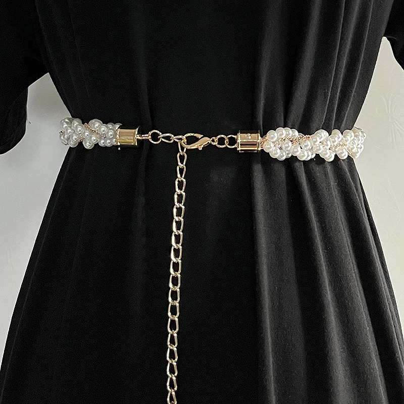 Women's Runway Fashion Pearl Knitted Chain Cummerbunds Female Dress Corsets Waistband Belts Decoration Narrow Belt TB619