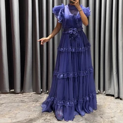 Elegant Luxury Evening Dress 2024	High Collar Sweep Train Tiered Solid Color 3D-Flowers Tulle Cap Sleeve Feathers