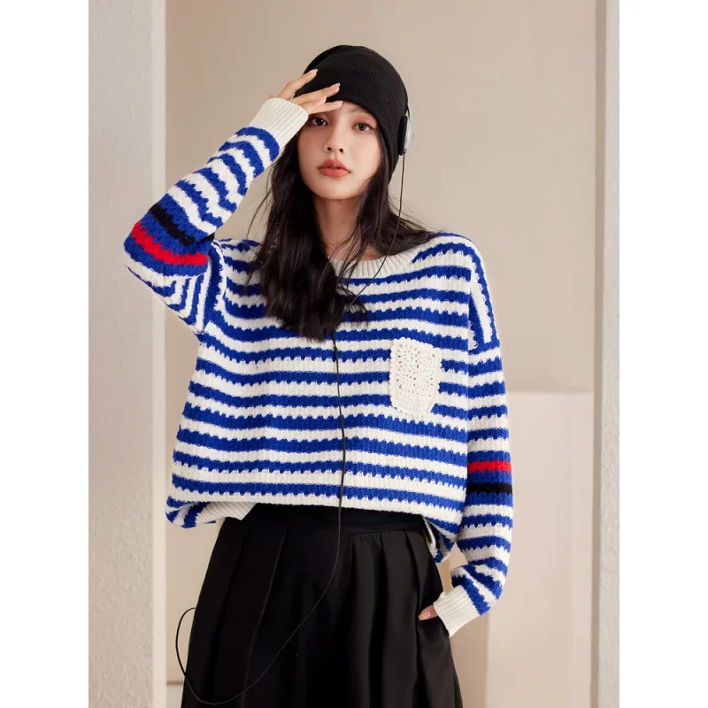 

Осенний модный дизайн, нишевый свитер, женский полосатый свитер, уличная одежда, вязаные топы с длинными рукавами, женский свободный пуловер