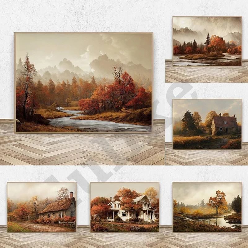 Осеннее дерево, озеро, старый дом, винтажные осенние пейзажные постеры и принты, печать на холсте, настенная картина для гостиной, домашний декор Осеннее дерево, озеро, старый дом, винтажные осенние пейзажные постеры и принты, печать на холсте, настенная картина для гостиной, домашний декор