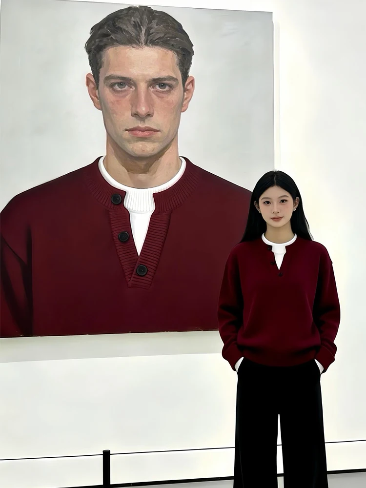 

Красный вязаный джемпер с воротником хенли для мужчин, новогодний, парный, вязаный, базовый слой, мягкий, свободного кроя, Cleanfit Sle