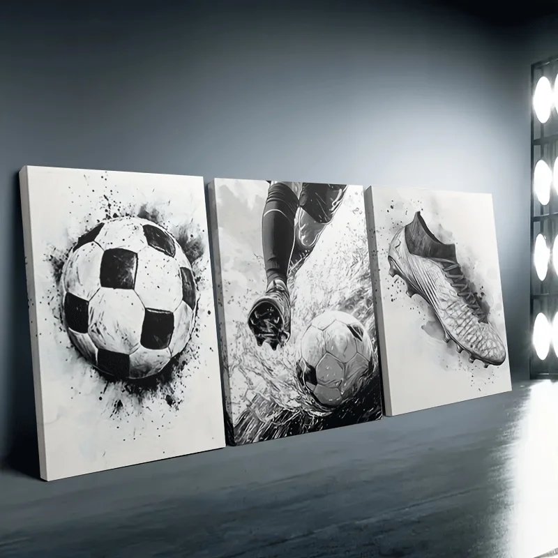 （NoFranme 3PCS）-3pcs Wooden Framed Canvas Art Set - Black & White Soccer Theme, Football-Themed Canvas Prints for Sports Deco
