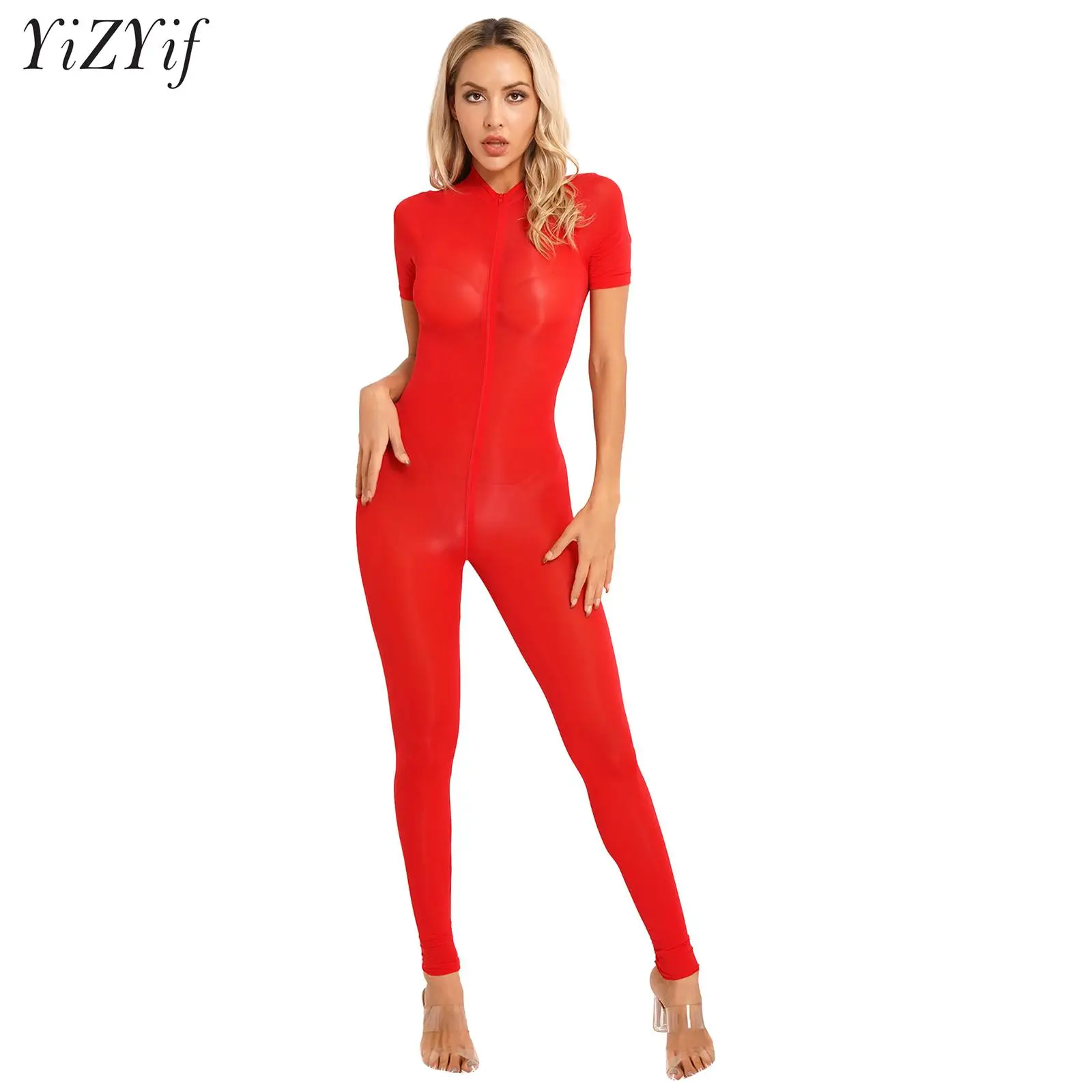 

Women's Short Sleeve Semi See-Through Sexy Bodysuit Jumpsuit Zipper Crotch Bodycon Catsuit Unitard Rompers Nightclub Clubwear