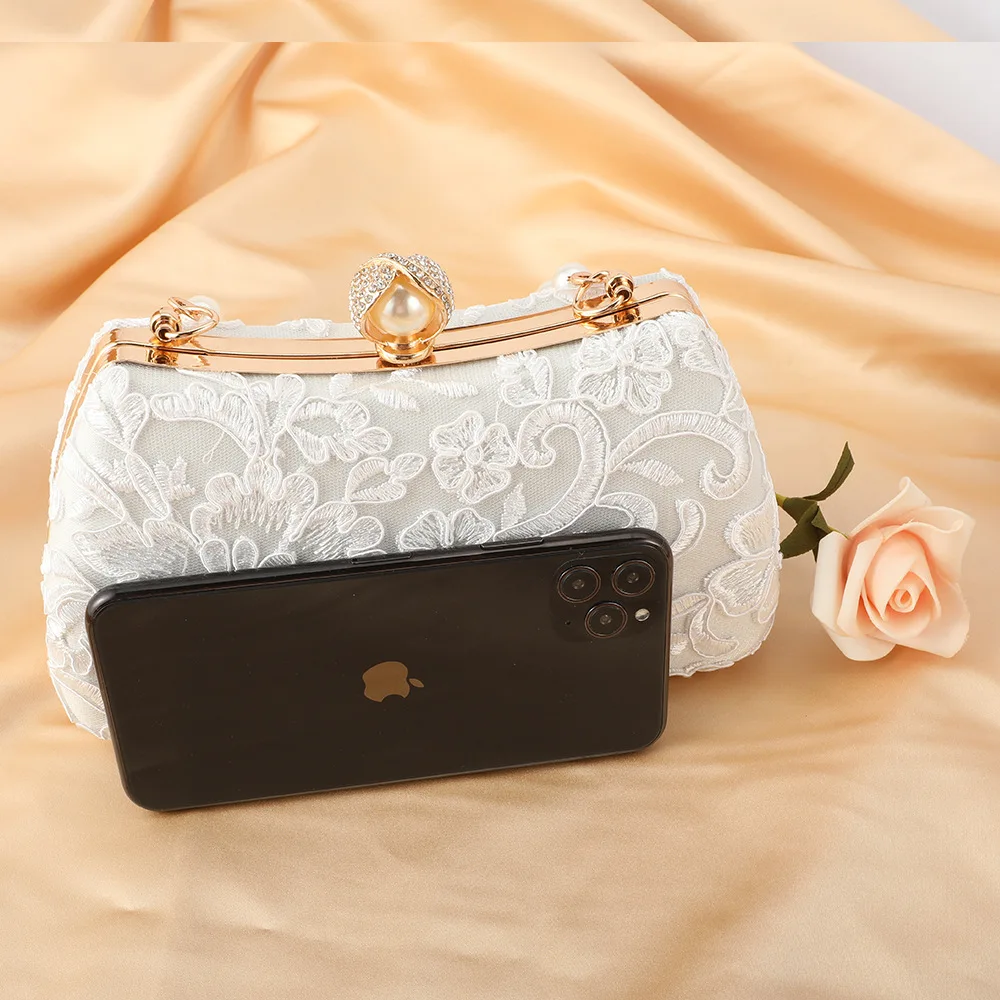 Retro Lace Flower White Evening Bags Wedding Party Bridal Small Clutches For Womens Chain Sholder Bag Crossbody Prom Handbags