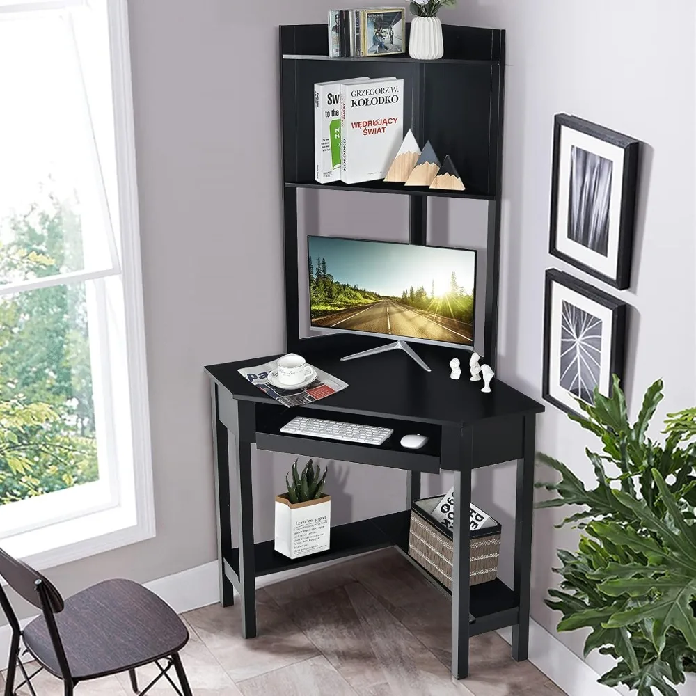 

Corner Desk with Hutch, 90 Degrees Triangle Corner Computer Desk with Keyboard Tray & Bookshelves for Small Space, Spac