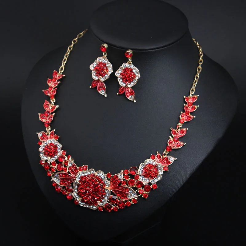 

2 pieces of colorful flower crystal electroplated alloy necklace and ear ring set. Wedding accessories. Gift for wife.