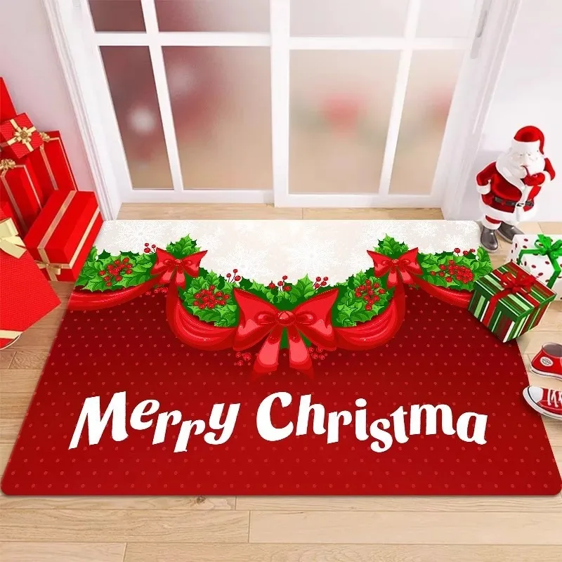 Christmas Themed Door Mat With Festive Patterns Like Bows Holly Santa Claus Reindeer Plaid Antlers NonSlip Welcome Entrance Rug