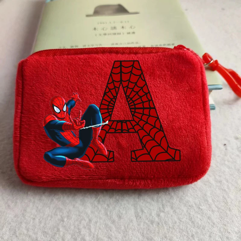 Marvels SpiderMans Boys Mini Plush Coin Purse Letter Canvas Storage Bag Key Case Handbag Cartoon Anime Kids Birthday Cute Gifts