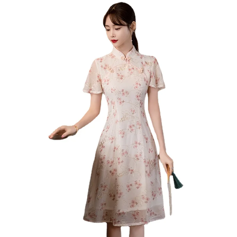 Qipao de manga corta de verano, moda moderna, tendencia étnica tradicional china, vestido Cheongsam bordado para mujer