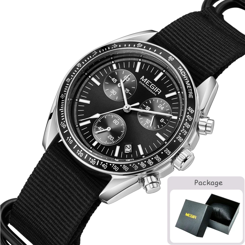 MEGIR New Luxury Men's Watches Canvas Weaving Strap Sport Automatic Chronograph Quartz Waterproof Wristwatch for Male 2247