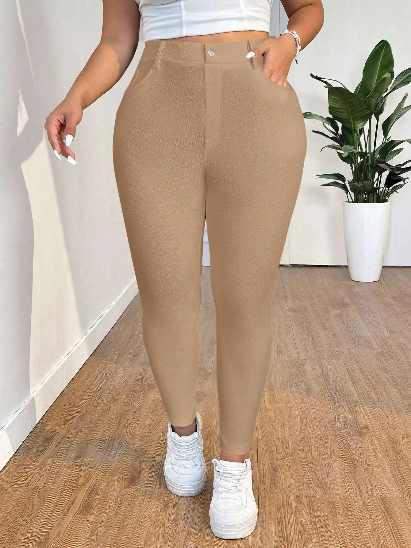 

Женские узкие брюки больших размеров с высокой талией, однотонные бежевые повседневные леггинсы на осень, эластичные и облегающие