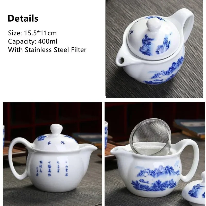 Jingdezhen-Ceramic Teapot with Stainless Steel Filter, Large Capacity Household Pot, Blue and White Porcelain Teaware, 400ml