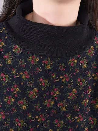 Coreano Sle talla grande mujer Dr estampado Floral Fce forrado cuello alto Midi Dr corte suelto Otoño Invierno