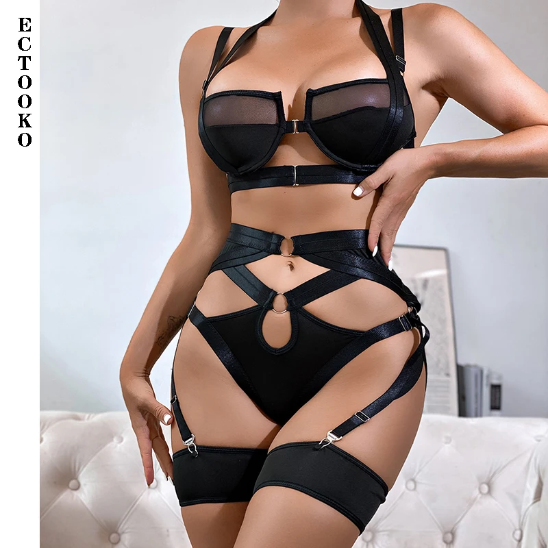 ECTOOKO 2022 Sexy Goth Women\'s Underwear Lingerie Hollow Out Black Exotic Brief 3 Piece Sets Setup Ladies Underwire Billzna Set