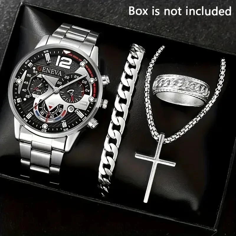 Mode Römische Skala Quarz Armbanduhr 4 stücke Set Männer Business Uhr Gefälschte Drei Augen Kalender Kreuz Halskette Armband Ring set