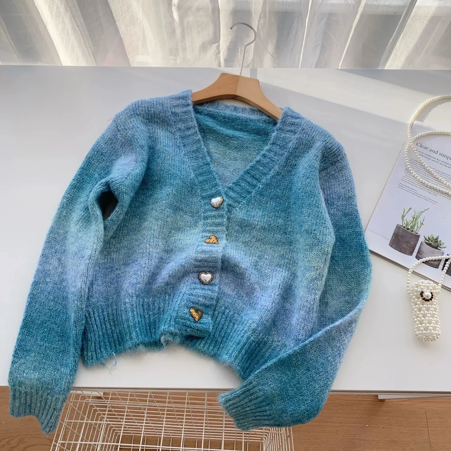 Autumn Women Gradient Knitted Cardigan V-neck Chic Heart Button Rainbow Color Sweater Jacket American Fashion Vintage Knit Coat