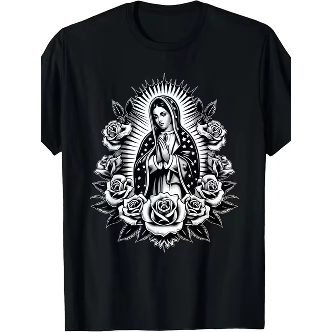 Cosas mexicanas apparel co virgen de guadalupe mary floral t shirt small black same style for men and women 2026 summer short sleeved printed t shirt 180g
