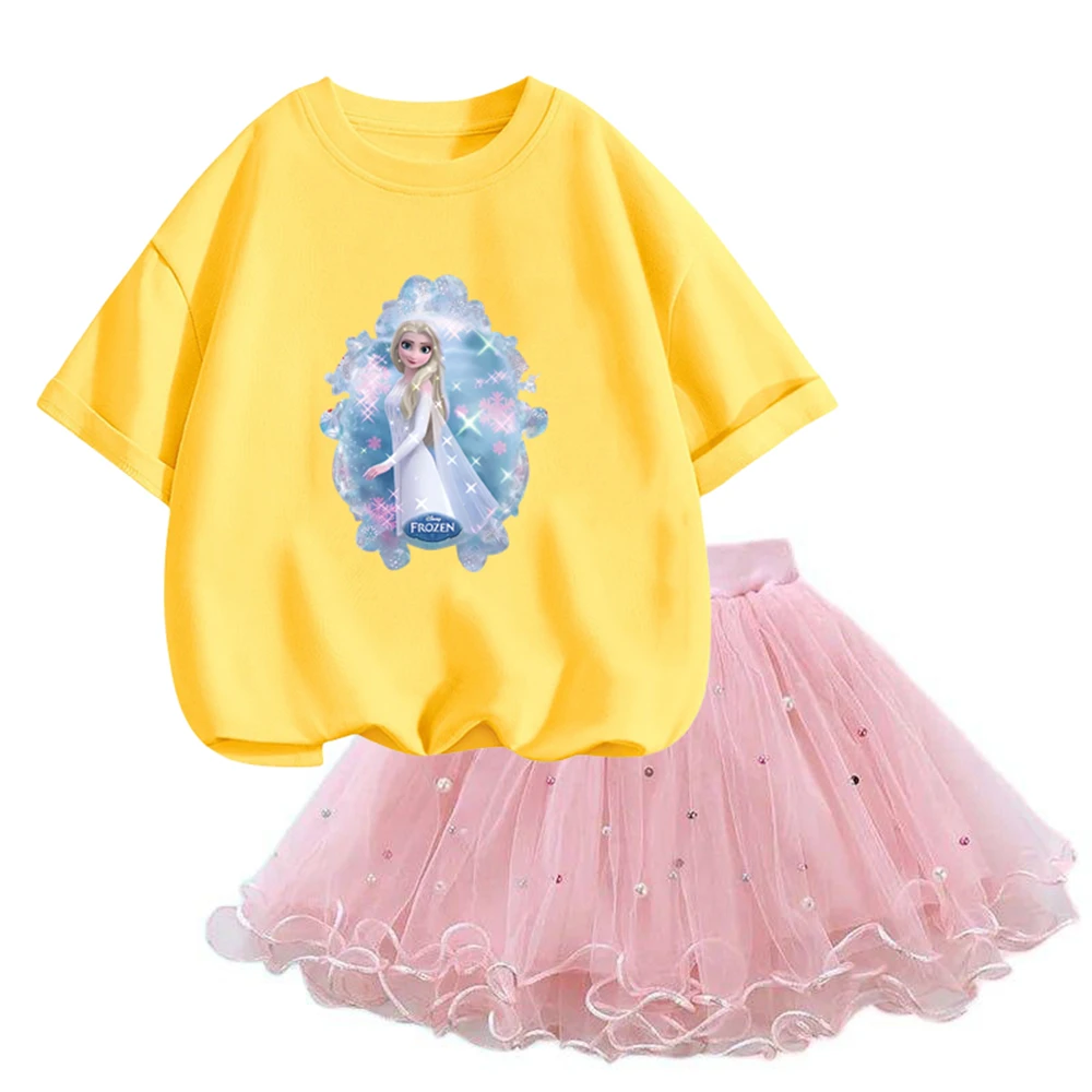 Summer 3-14 years Girls Frozen Clothing Elsa T Shirt& mesh Tutu Skirt Two Piece Set Fashion Korean Children Clothes Outfits