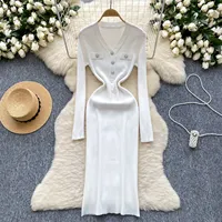 Woman's Knitted Autumn Winter Clothes Women Sweater Dress Korean Fashion Streetwear Dress Long Sleeve beading button Woman Dress