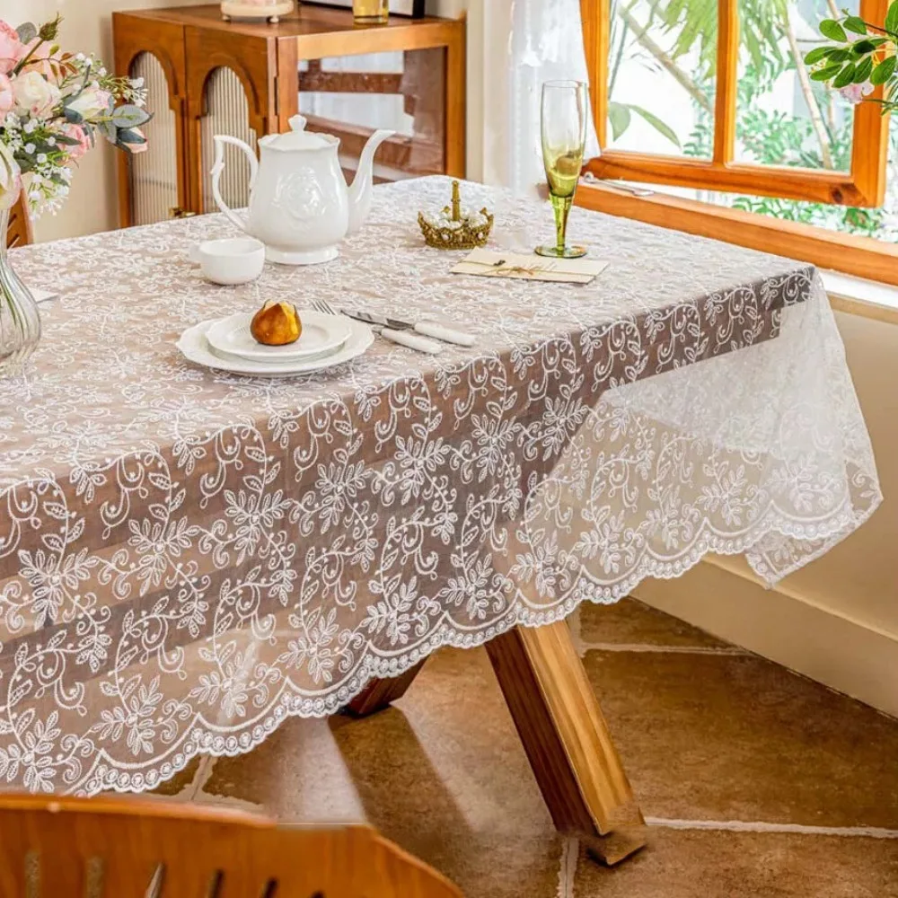 

Home Decoration Embroidered French Lace Tablecloth Organza White Table Cover Vintage Table Runner Desktop Background