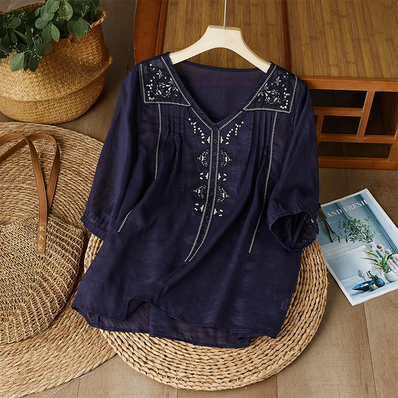 

Fashionable Color Casual Versatile Embroidered Shirt Lightweight Artistic Summer Commute V-Neck Blouse Women's Top