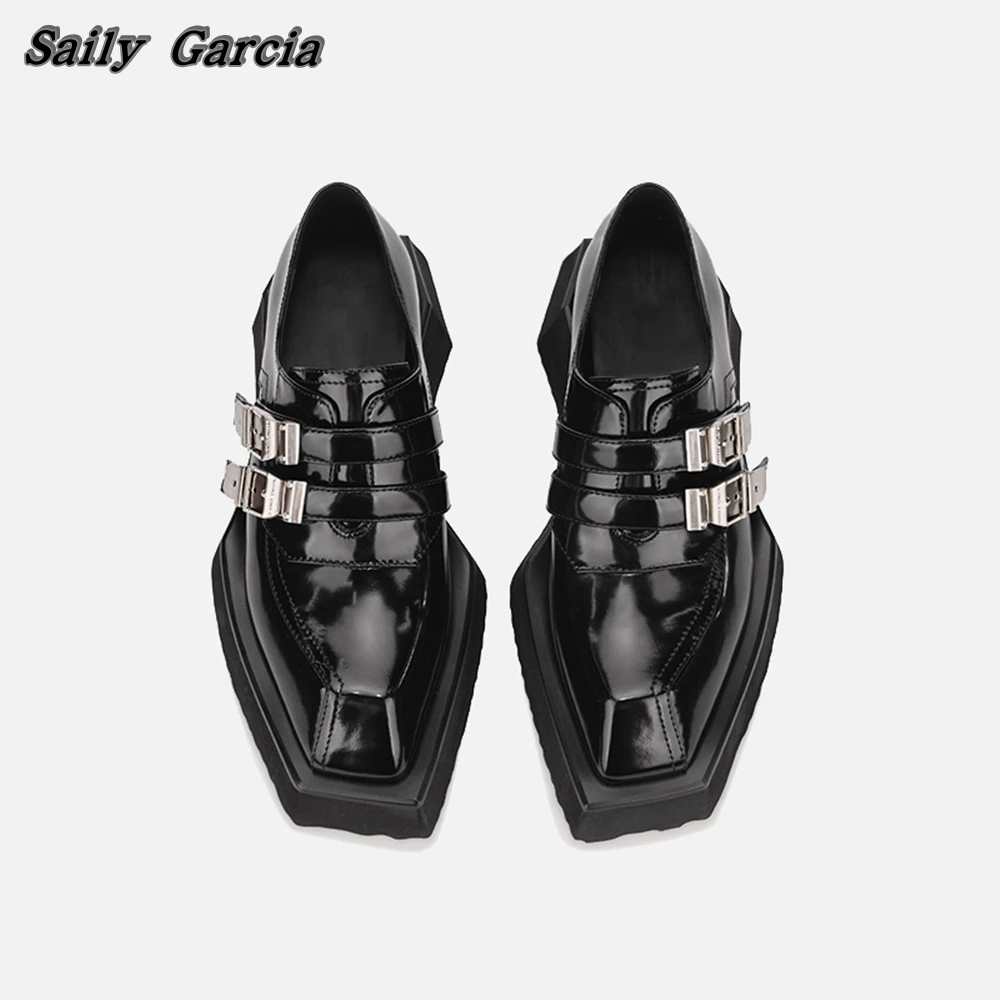 Genuine Leather Metal Belt Buckle Strap Work Shoes Glossy New Fashion Chunky Heel Cool Girl Shoes Square Toe Platform Women Shoe