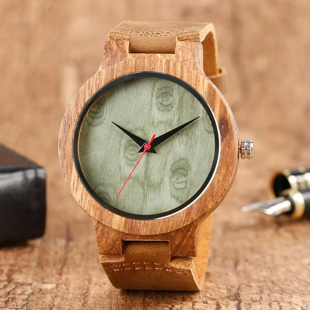 Unisex Top Gift Dial Natural Bamboo Wood Watch Men Women Genuine Leather Wooden Clock Male Reloj Mujer Relogio Feminino