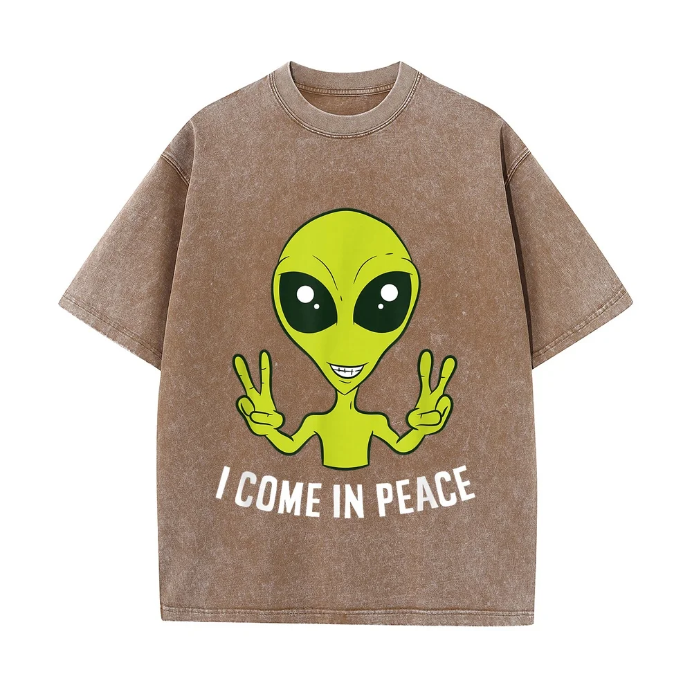 Cute Alien I Come in Peace Space Rave EDM Music T-Shirt 반팔 Ropa Short Sleeve Big Tall Summer Round Humor Shirt Men Top Cotton T