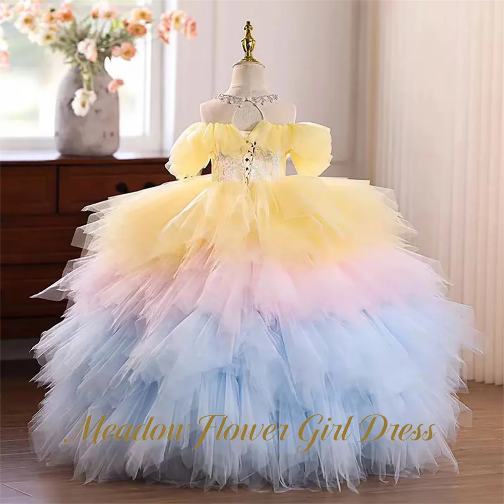Meadow Pastel Ombre Princess Girls Gown Hollow Out Kids Birthday Party Gown Tiered Tulle Floor Length Pageant Gown for Girls
