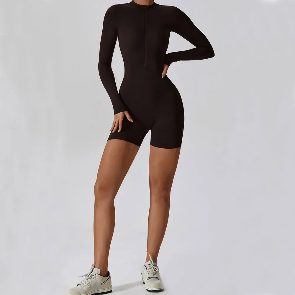 Новый комбинезон для йоги на молнии с длинными рукавами, цельный короткий боди, костюм для йоги, спортивная одежда, спортивная одежда, женский сексуальный спортивный комплект для фитнеса