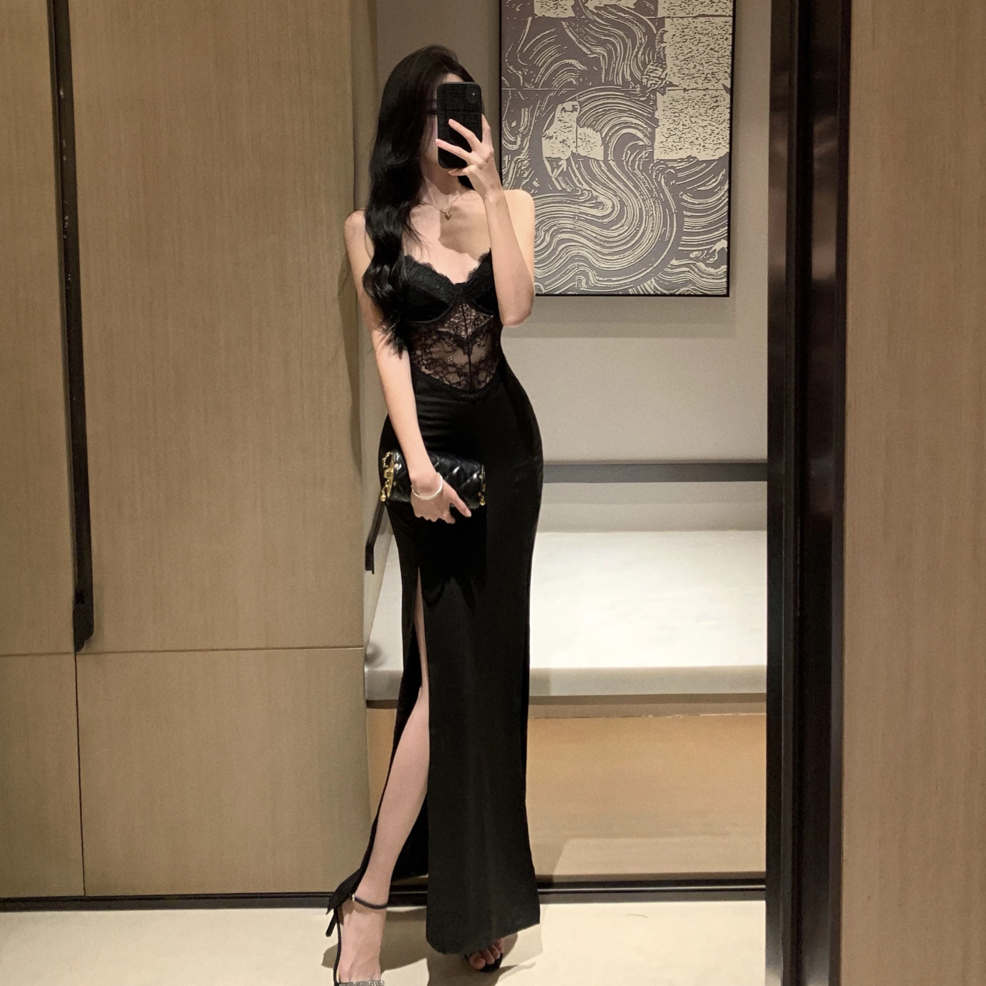 Vintage Sexy Black Lace Prom Maxi Dress Women Hollow Out Split Bodycon Camisole Dresses Evening Party Club Fashion Spring 2024