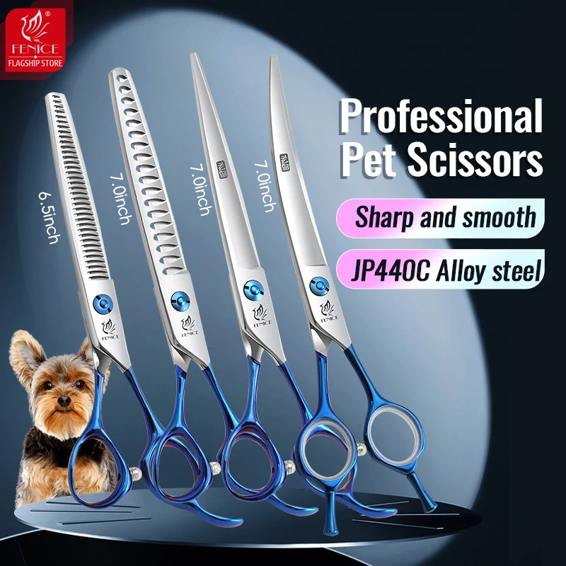 Fenice Professional 7.0 inch JP440C Blue Handle Pet Dog Grooming Scissors Shears Set Kit Sharp and Durable Hair-dressing Tools