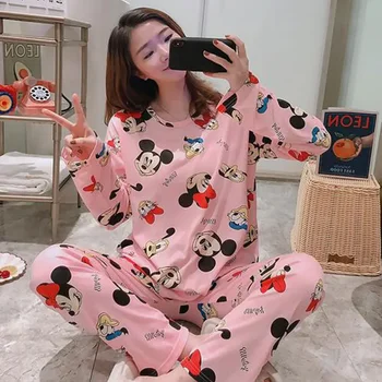 디즈니 미키 가을 새 잠옷 여성 만화 귀여운 만화 도널드 덕 캐주얼 라운드 넥 라운지웨어