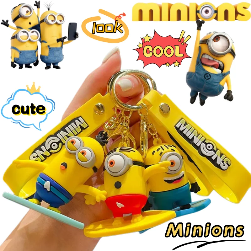 Minions Despicable Me Kevin Dave Stuart Keychain High Color Value Cartoon Doll Skateboard Shape School Bag Decorative Pendant