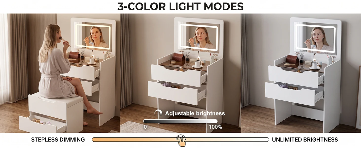 3 in 1 Hidden Vanity Desk with Flip Top LED Mirror, 3 Color Lighting, Compact Vanity with 3 Drawers, Glass Top & Hidden Storage Chair, Modern Small Dressing Table Nightstand for Bedroom, White