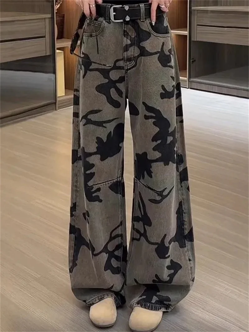 2026 ربيع الخريف موضة عالية الخصر التمويه الجينز بنطال ذو قصة أرجل واسعة النساء تصميم فضفاض مستقيم الساق كاوبوي السيدات بنطلون #2