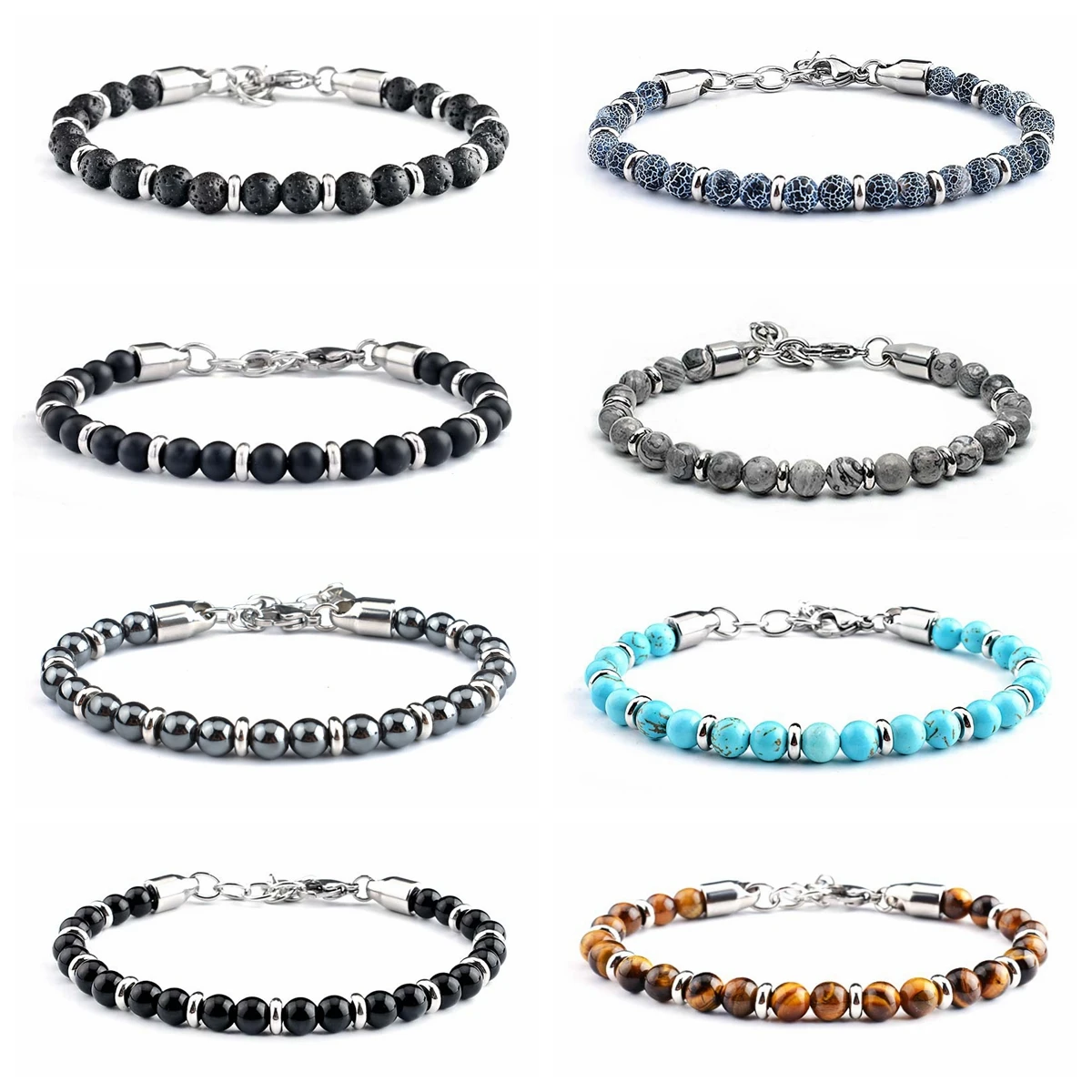 Natural Gemstone 6mm Beads and Stainless Steel Bracelets for Men Women Adjustable Buckle 6.5-7.8inch Relief Reiki Yoga Diffuser