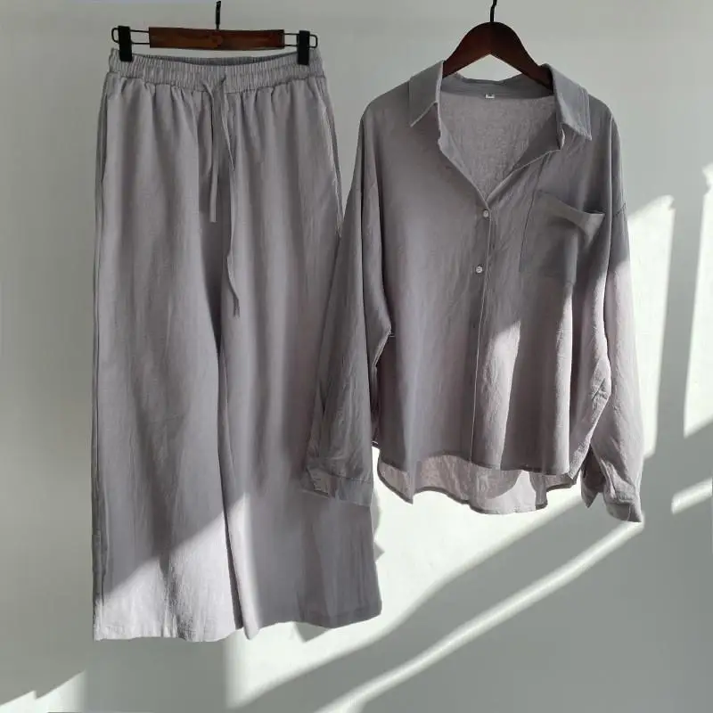 

Women's Faion Cotton Linen irt Suit High Waist Slas Long Sve Casual Sportswear Set High Waist Slas Included
