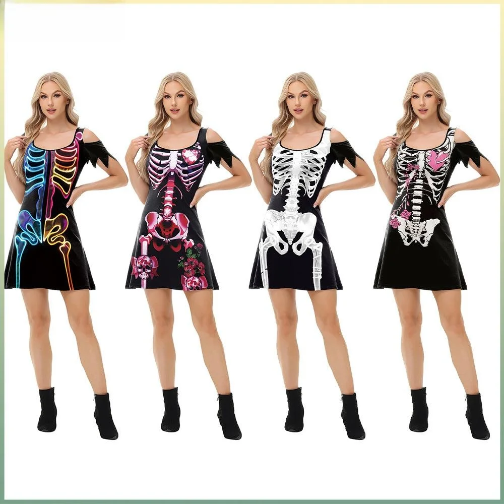 Halloween Skeleton Horror Dr k Sle Polyestervezel ort Sve Onregelmatige zoom Midi Dr voor dames Busin Occ...