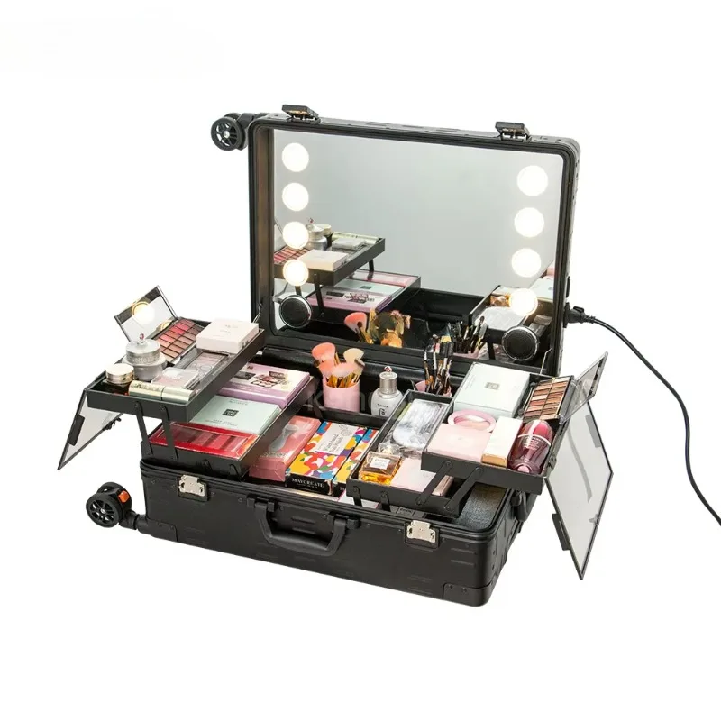 Vanity Station Make up Artist Free Standing Box Aluminum Trolley Travel Makeup Train Case with LED Mirror Light