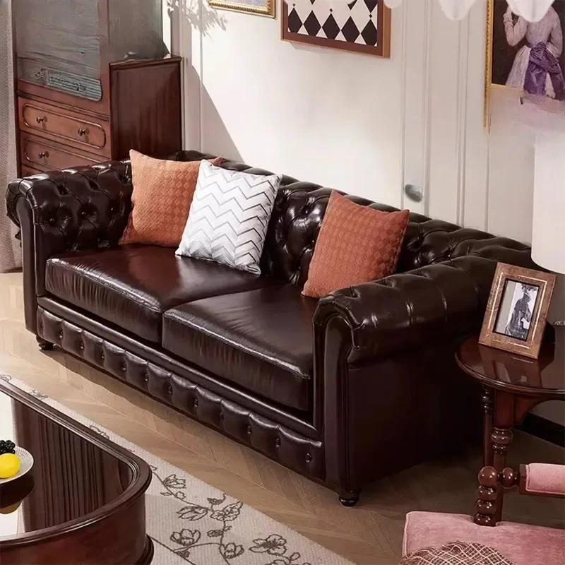 Retro leather sofa retro high-end villa pull button leather sofa solid wood straight row combination tofu block sofa