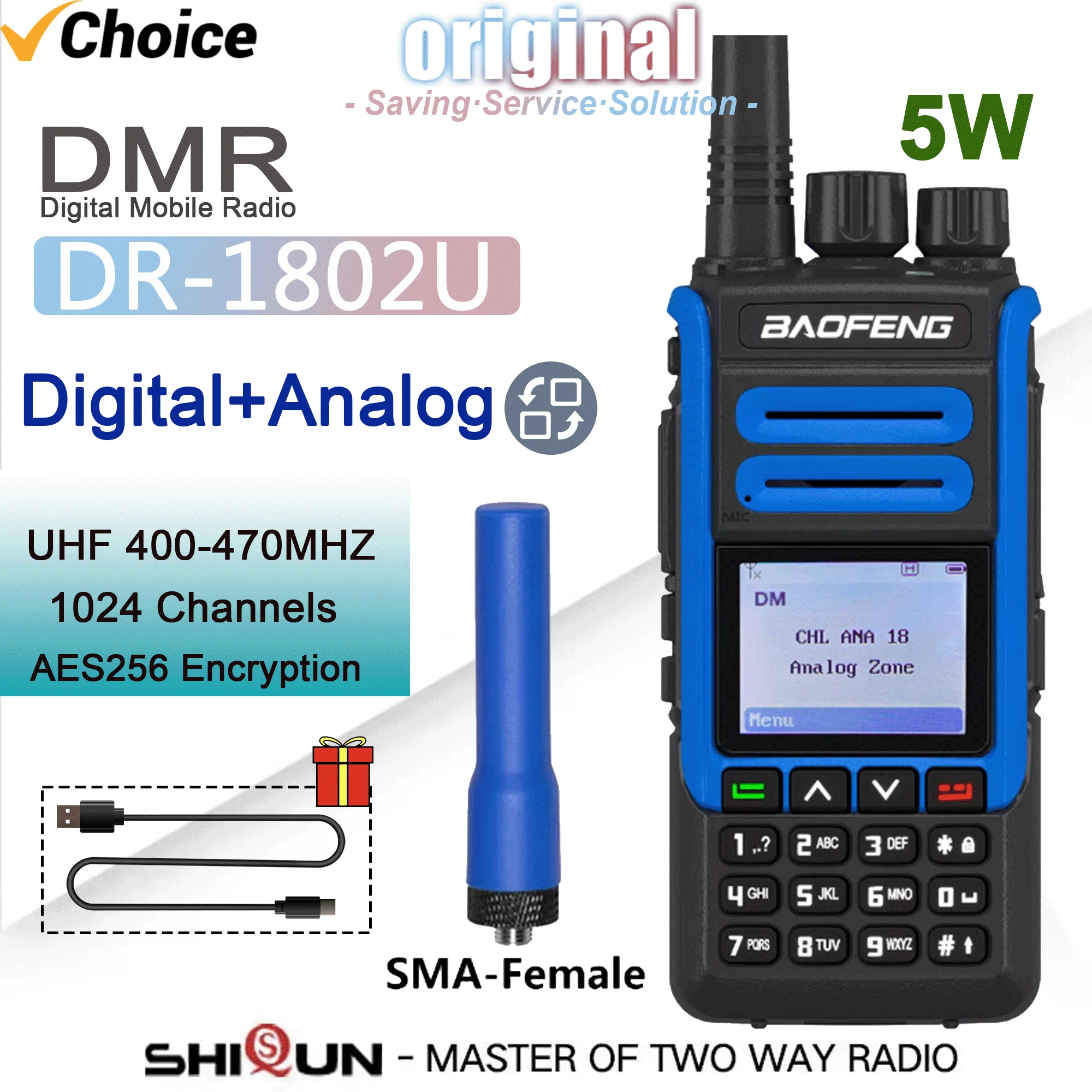 DR-1802U Walkie Talkie 5W DMR Digital Radio Dual Mode Analog 1024 Channels Dual Time Slot Tier 1&2 UHF Long Range Type-C Charger